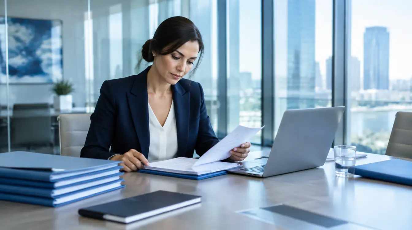 Compliance professional reviewing organized documents