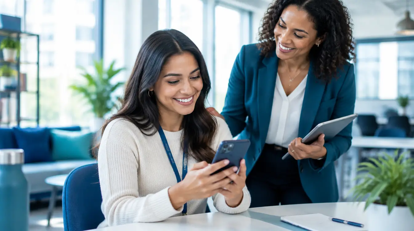 Nova colaboradora sendo recebida pelo RH com smartphone e tablet