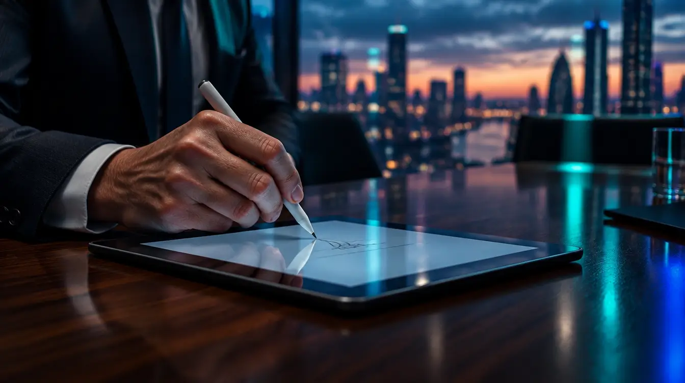 Executive signing a contract on a tablet